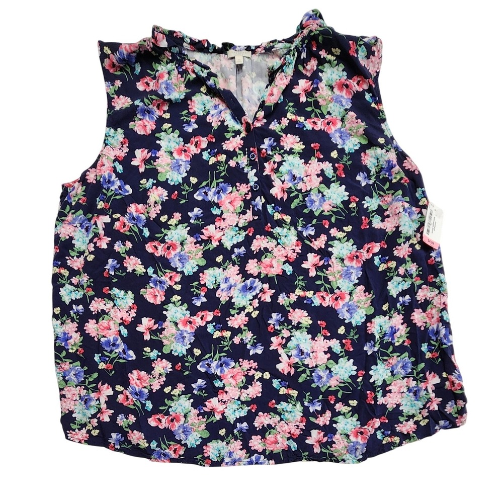 Talbots Floral Sleeveless Ruffle Neck Blouse Navy Blue Pink Boho Women's 3X